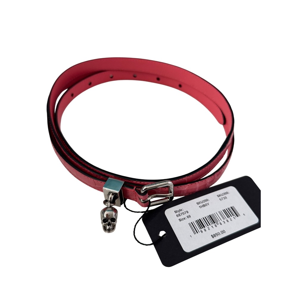 Alexander McQueen Pink Croc Embossed Leather Skull Charm Double Wrap Belt 60 NEW